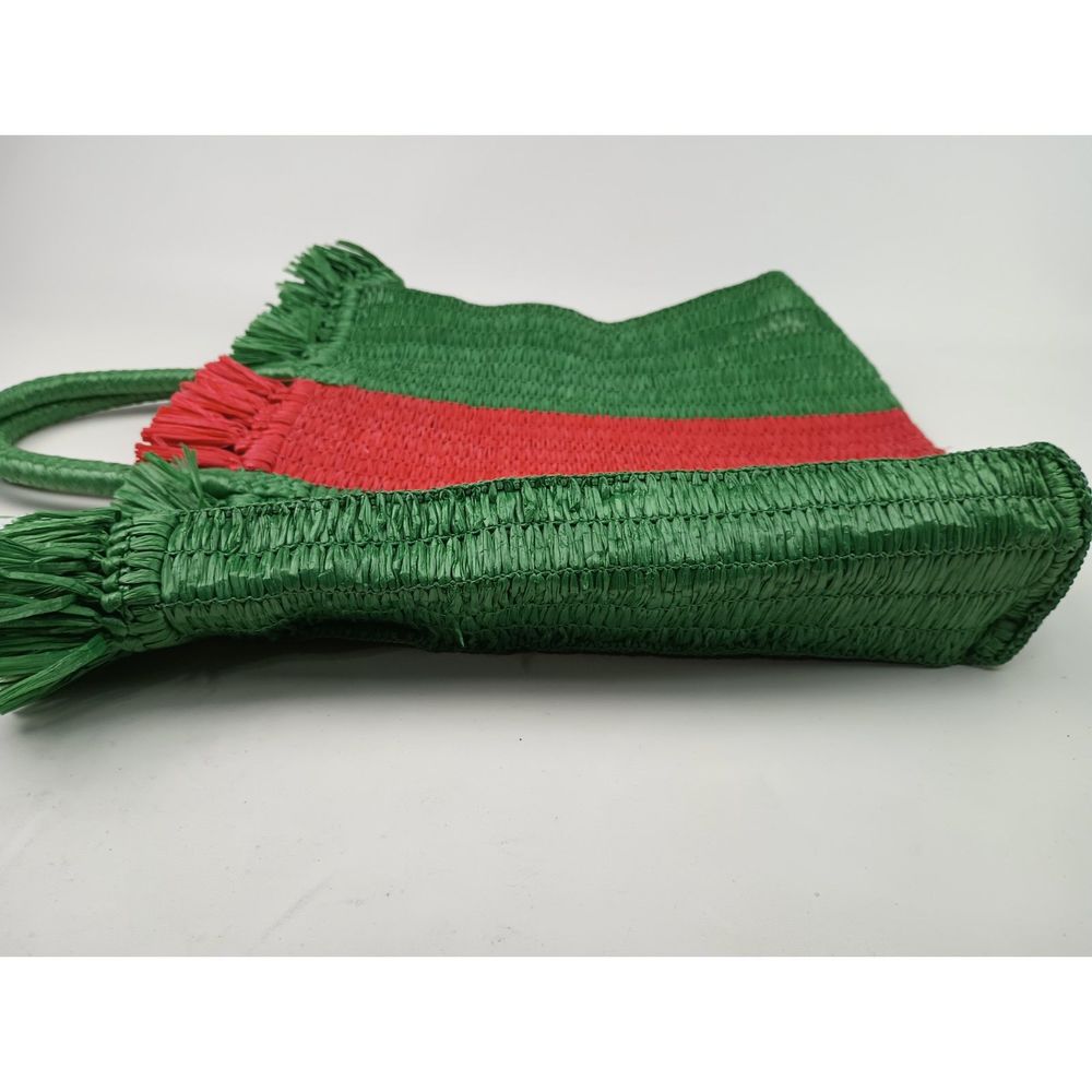 Gucci Green Stripe Web Woven Straw Raffia Tote Shopper Bag - Picture 3 of 8